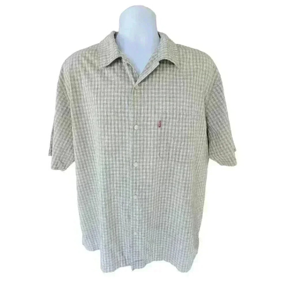 Levi's Strauss Mens Short Sleeve Button Up Micro Plaid Shirt Size XL Beige White - Picture 1 of 7